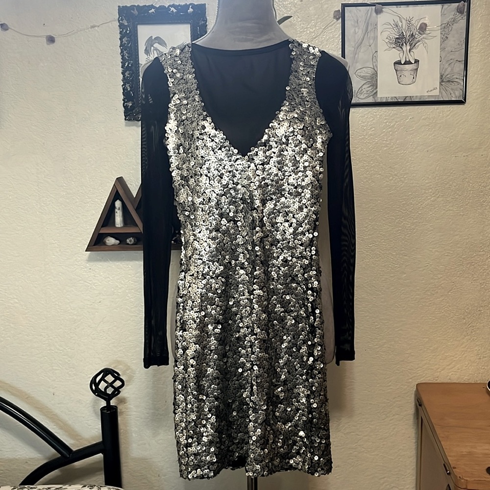 Nasty Gal sequin mesh sleeve dress